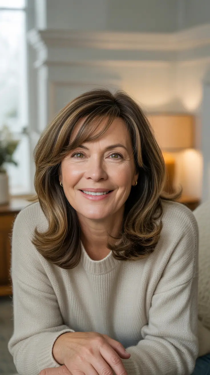 Hair Color & Winter Hairstyles for Women Over 50: 2025-2026 Soft Medium-Length Layers with Bangs