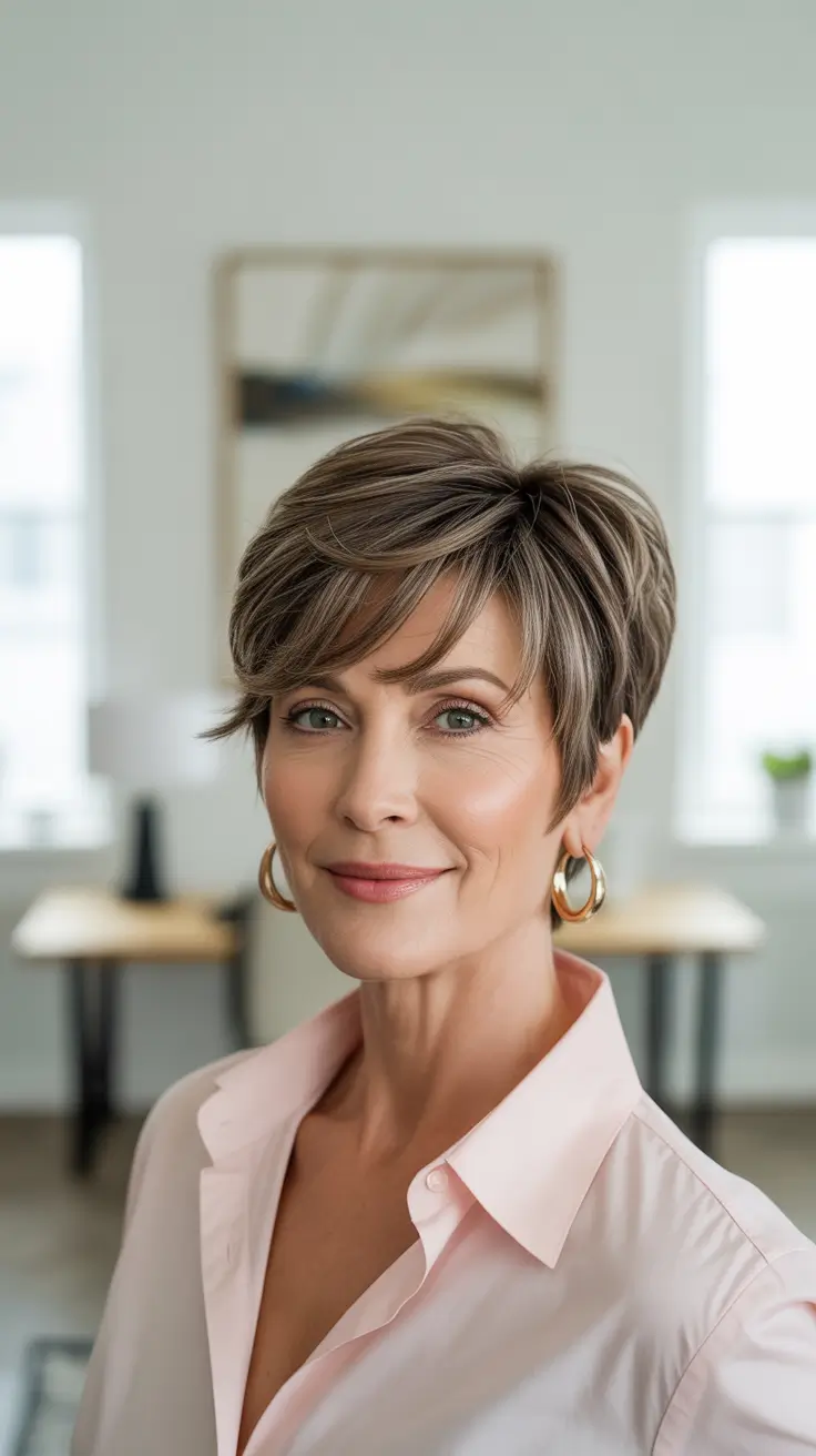 Hair Color & Winter Hairstyles for Women Over 50: 2025-2026 Polished Short Pixie with Ash Highlights