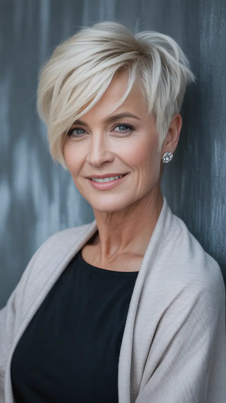 Hair Color & Winter Hairstyles for Women Over 50: 2025-2026 Platinum Blonde Side-Swept Pixie