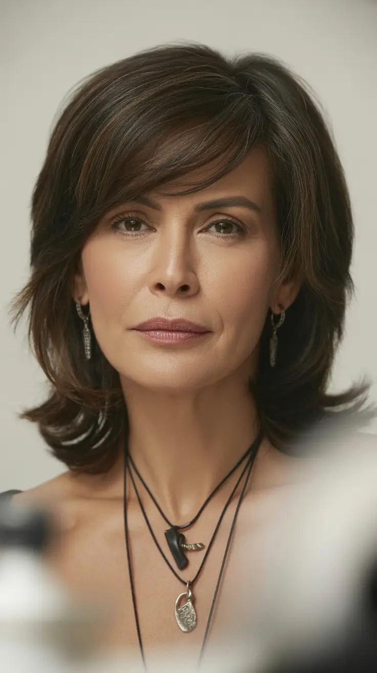 Hair Color & Winter Hairstyles for Women Over 50: 2025-2026 Layered Brunette with Bangs