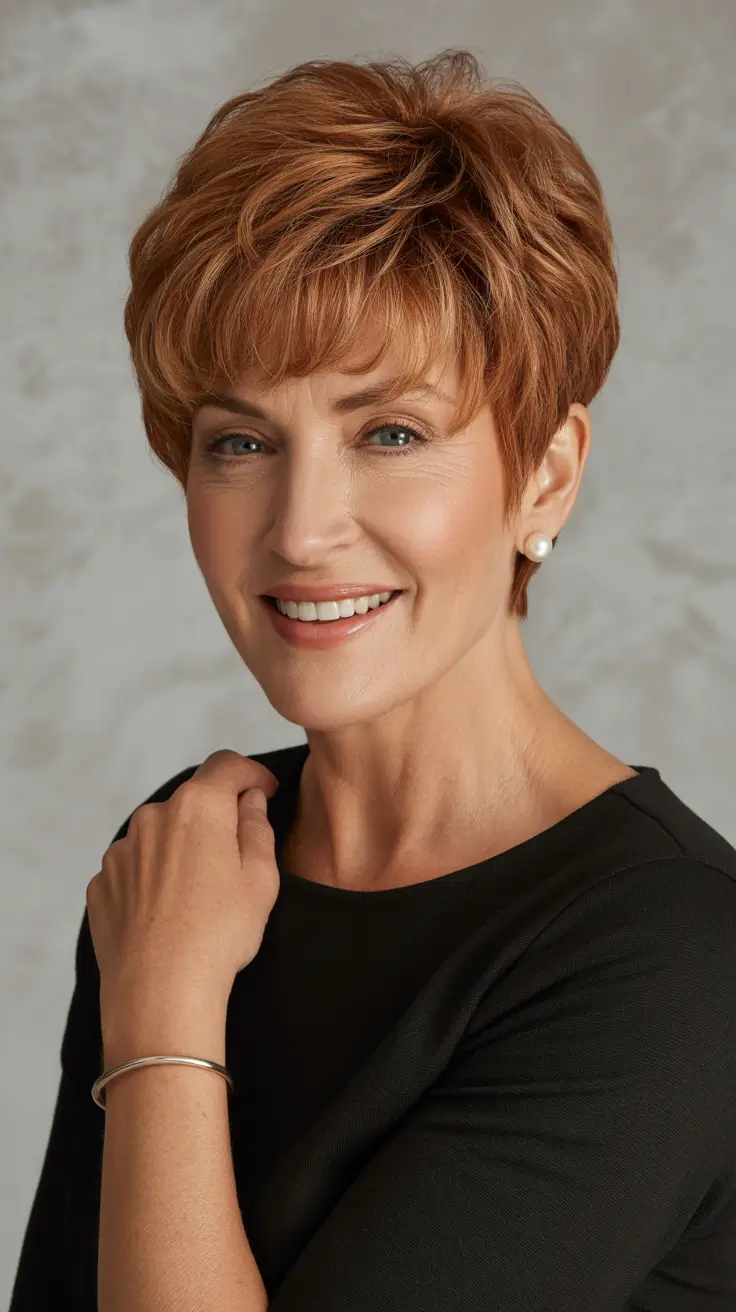 Hair Color & Winter Hairstyles for Women Over 50: 2025-2026 Soft Pixie with Warm Red Tones