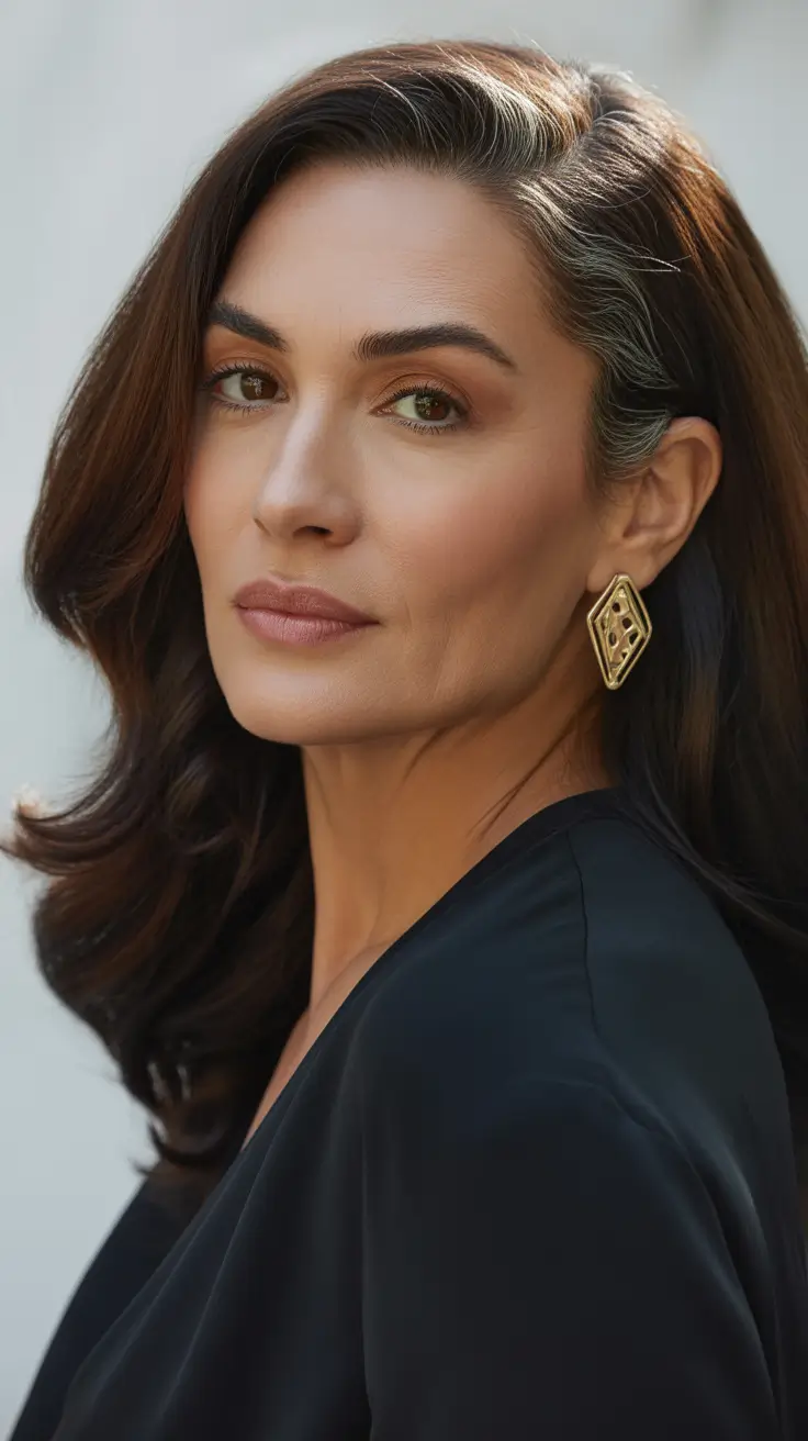 Hair Color & Winter Hairstyles for Women Over 50: 2025-2026 Sleek Dark Waves with Natural Gray Streaks