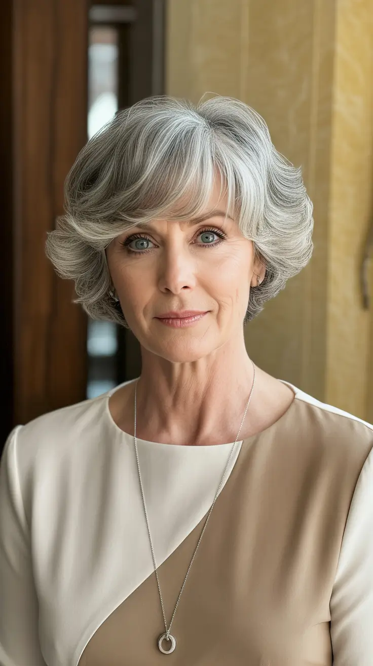 Hair Color & Winter Hairstyles for Women Over 60: 2025-2026 Short Grey Waves with Refined Bangs