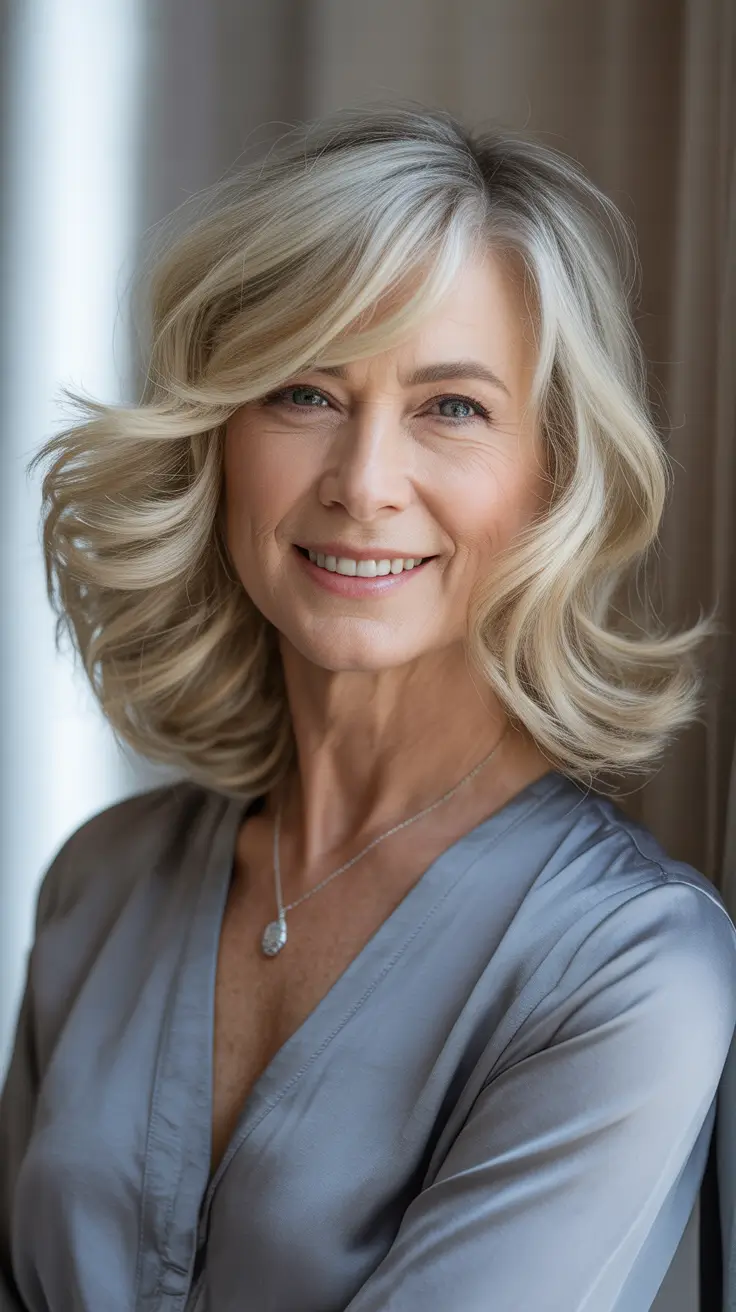 Hair Color & Winter Hairstyles for Women Over 60: 2025-2026 Layered Blonde Bob with Playful Movement