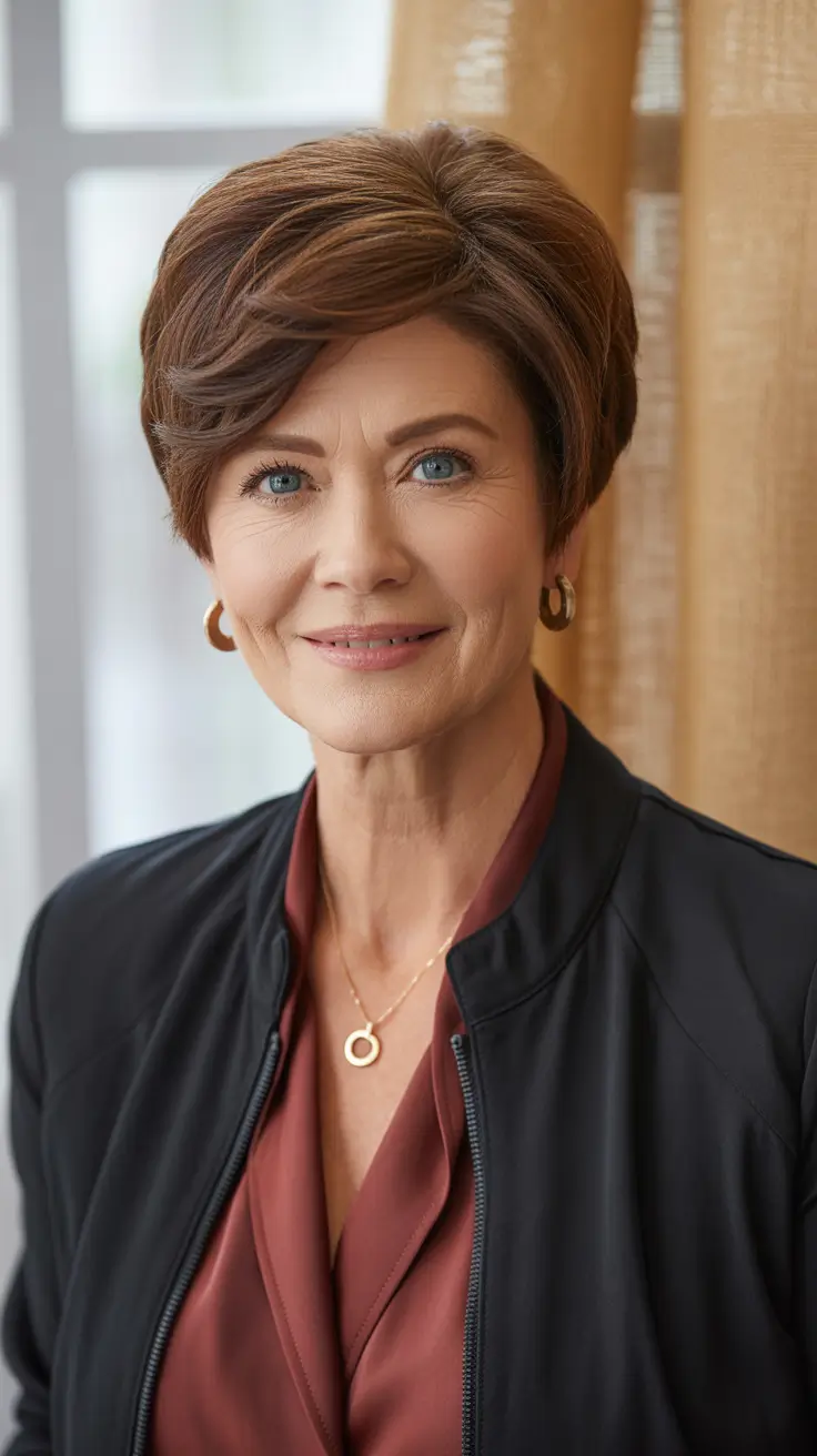 Hair Color & Winter Hairstyles for Women Over 60: 2025-2026 Refined Short Pixie in Chestnut Brown
