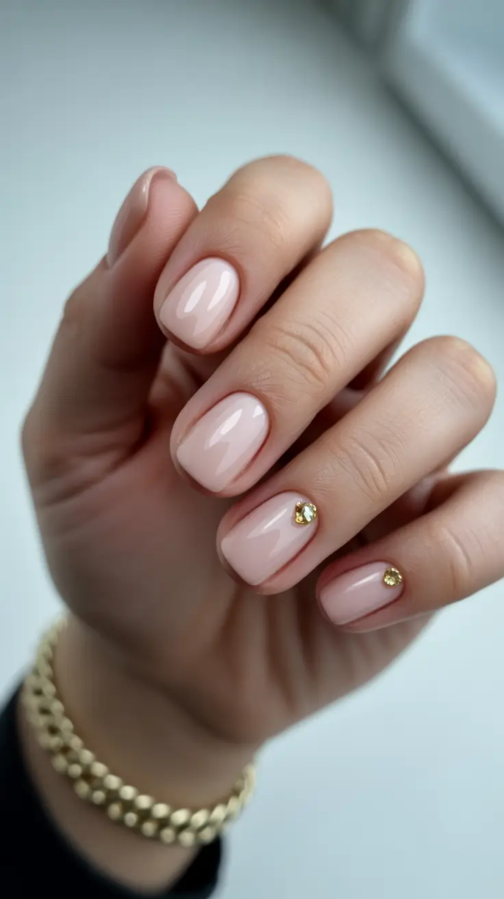 Modern Christmas Nails 2025 Nude Glow with a Golden Kiss
