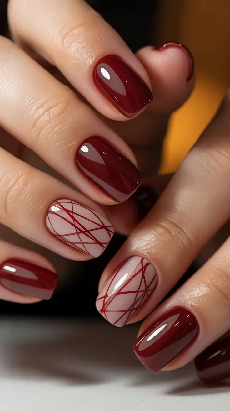 red winter nails ideas 2025 2026 Dark Burgundy with Geometric Lines