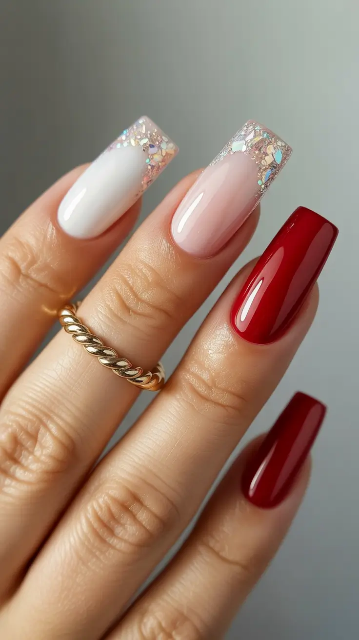 red winter nails ideas 2025 2026 White and Glitter French Meets Classic Red
