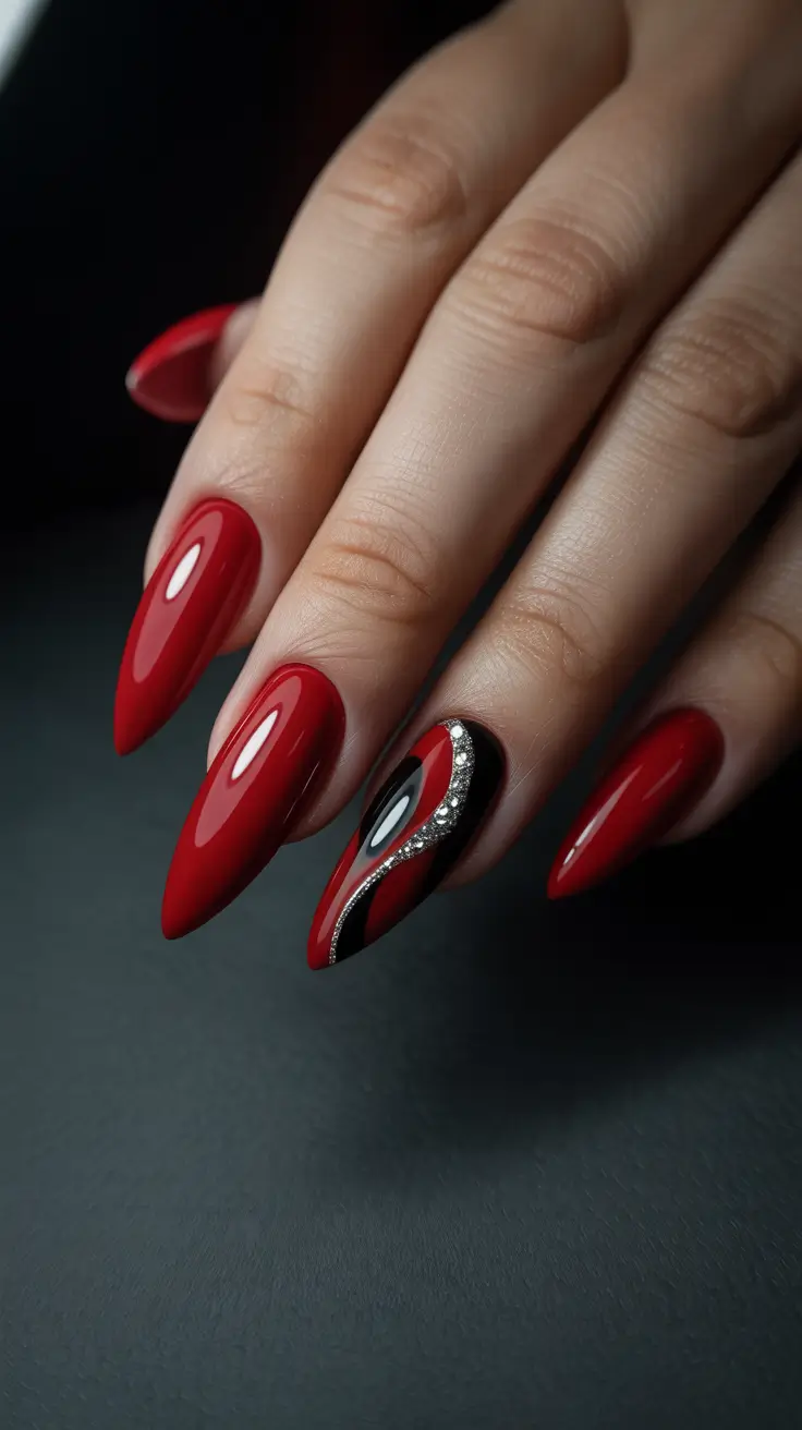 red winter nails ideas 2025 2026 Black and Red Wave Accent