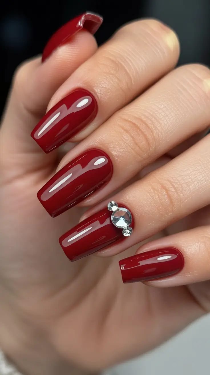 red winter nails ideas 2025 2026 Classic Red with Minimal Rhinestone Touch