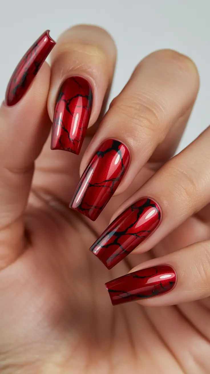 red winter nails ideas 2025 2026 Red Marble Luxury