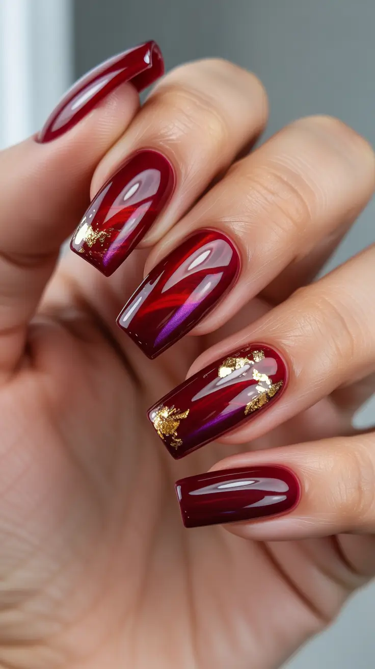 red winter nails ideas 2025 2026 Cherry Shine with Gold Foil Accents