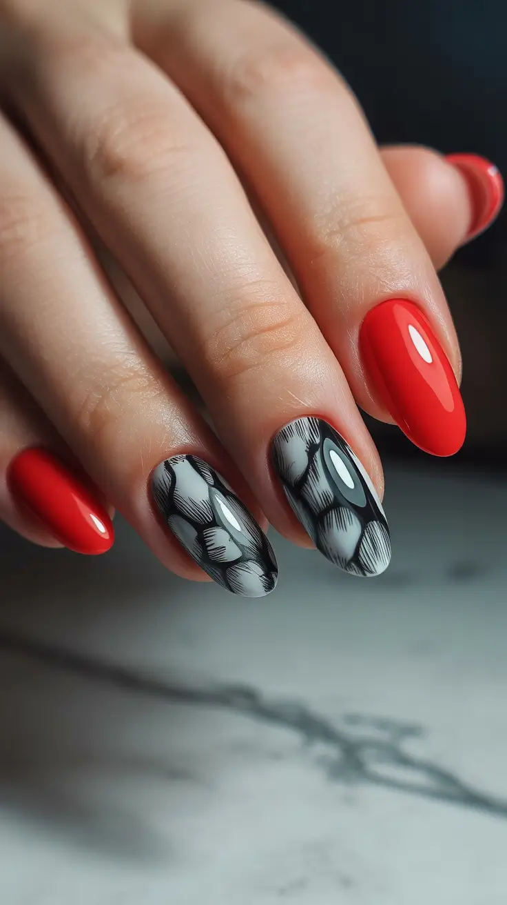 red winter nails ideas 2025 2026 Artistic Red and Gray Textured Combo