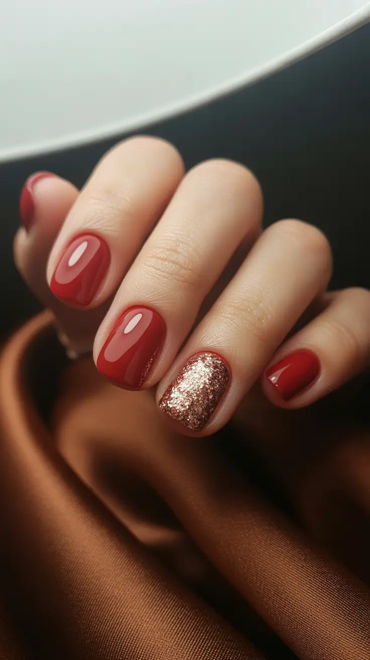 red winter nails ideas 2025 2026 Short Red Nails with Rose Gold Glitter