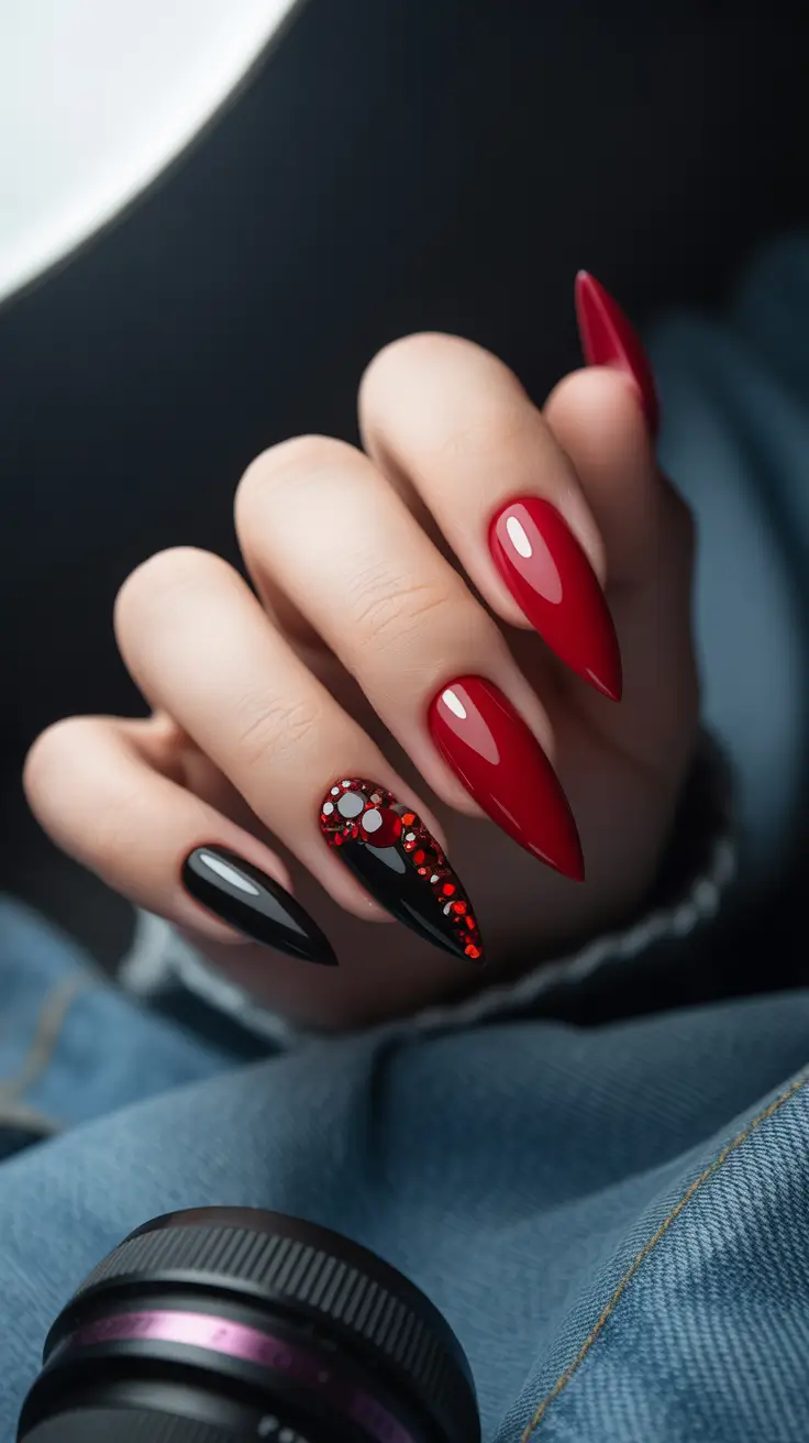 red winter nails ideas 2025 2026 Black and Red Drama with Rhinestone Accents