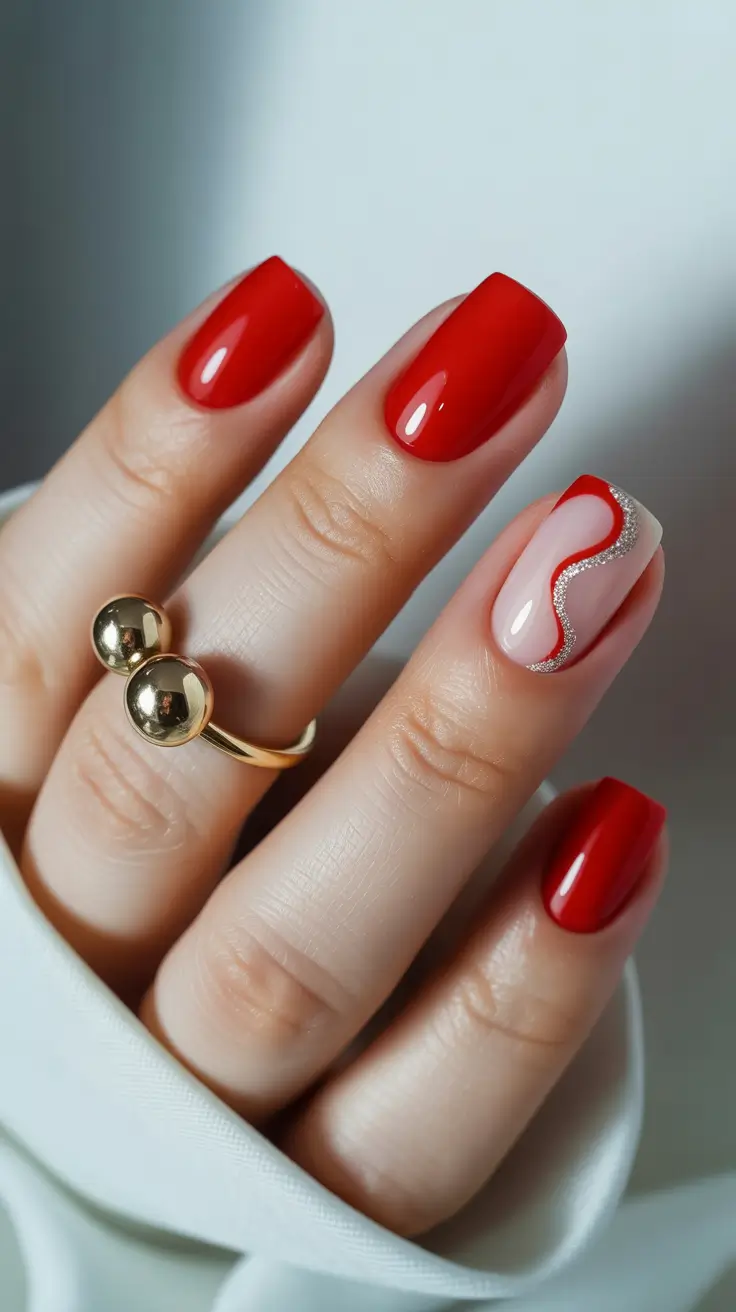 red winter nails ideas 2025 2026 Modern Red Wave Accent on Nude Base