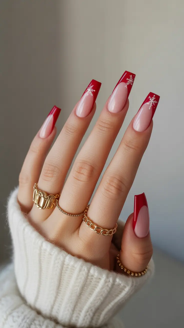 red winter nails ideas 2025 2026 Red French Tips with Snowflake Art