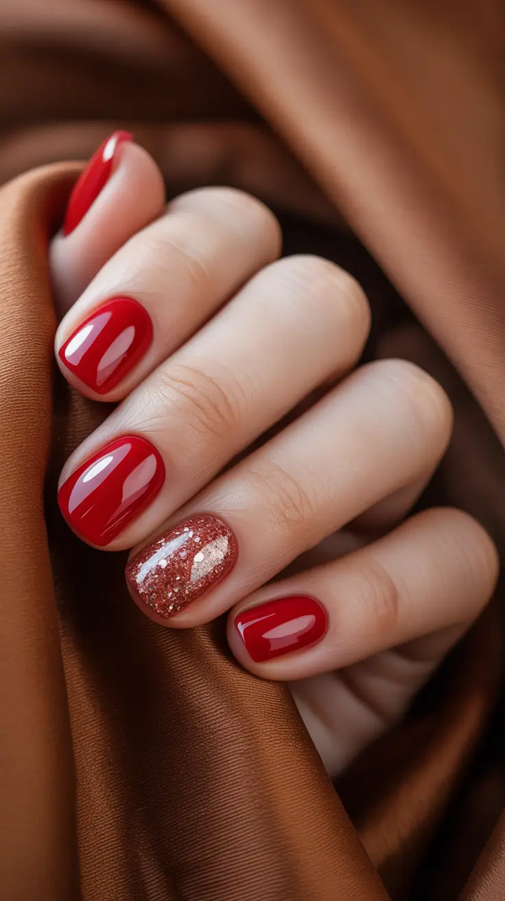 red winter nails ideas 2025 2026 Warm Red with Copper Glitter Accent