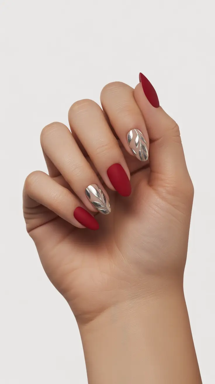 red winter nails ideas 2025 2026 Matte Red and Chrome Leaf Accent