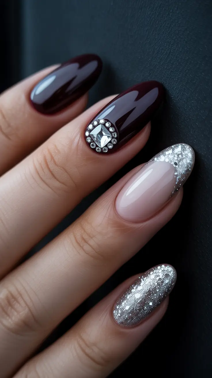 red winter nails ideas 2025 2026 Dark Cherry Glam with Silver Sparkle