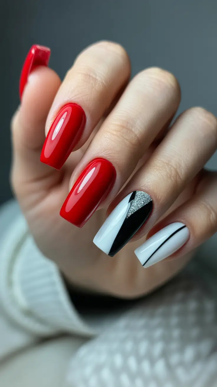 red winter nails ideas 2025 2026 Red White and Black Minimalist Geometry