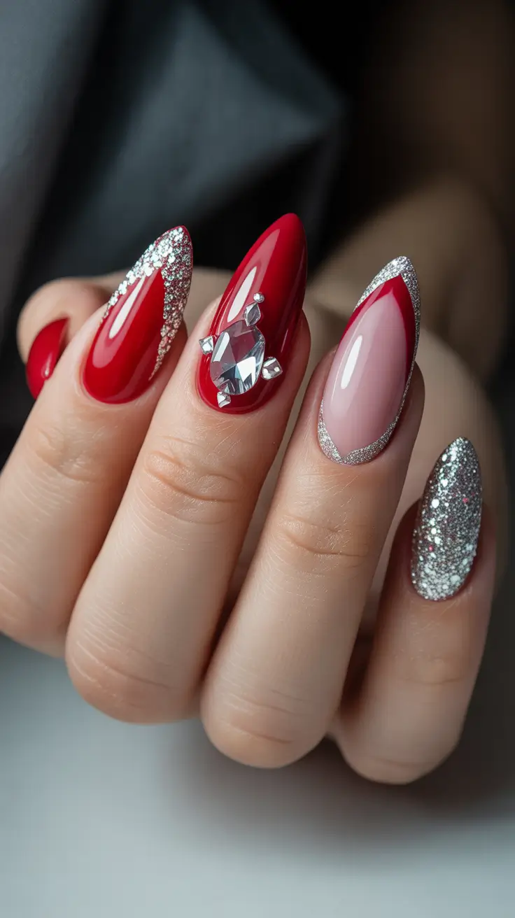 red winter nails ideas 2025 2026 Silver Glitter and Gemstone Elegance