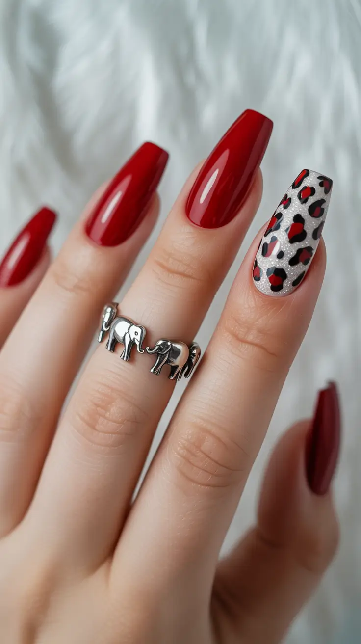 red winter nails ideas 2025 2026 Red Leopard Accent Nails