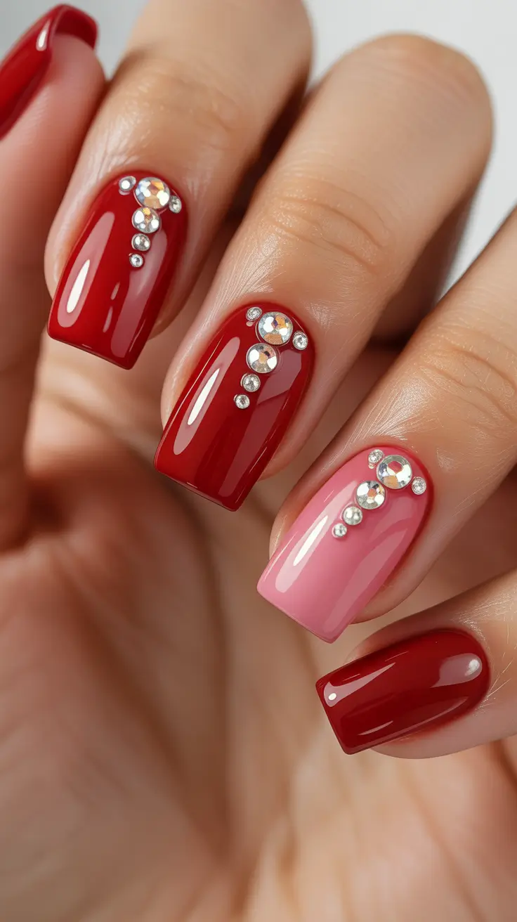 red winter nails ideas 2025 2026 Pink and Red Glam with Rhinestones