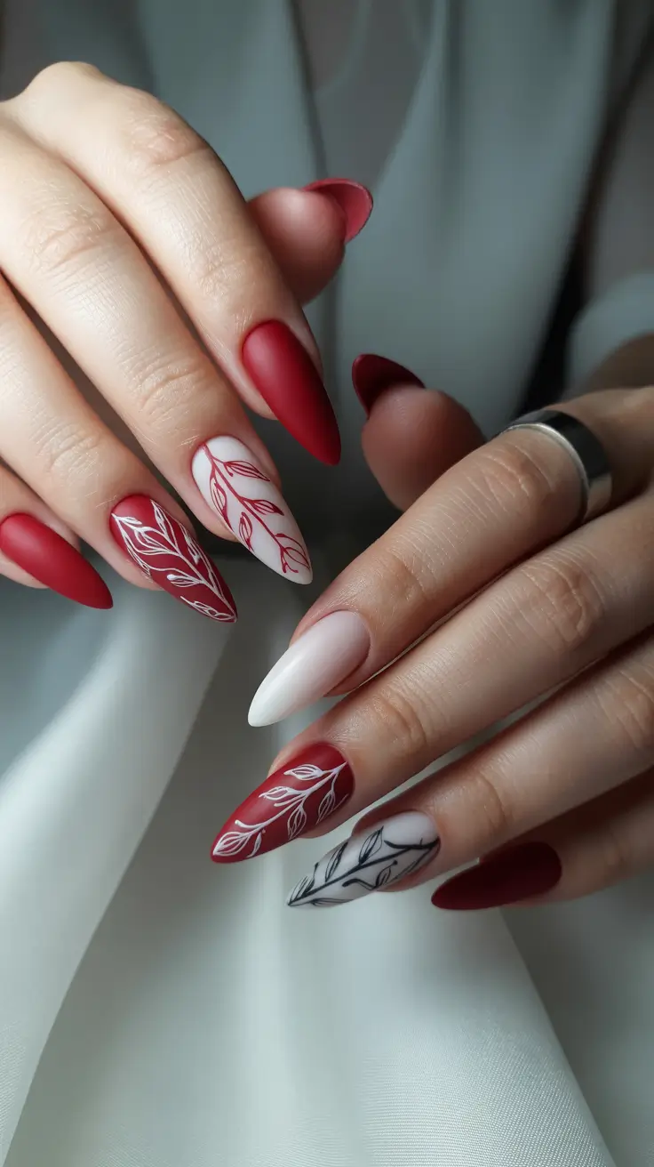 red winter nails ideas 2025 2026 Matte Red and White Leafy Art