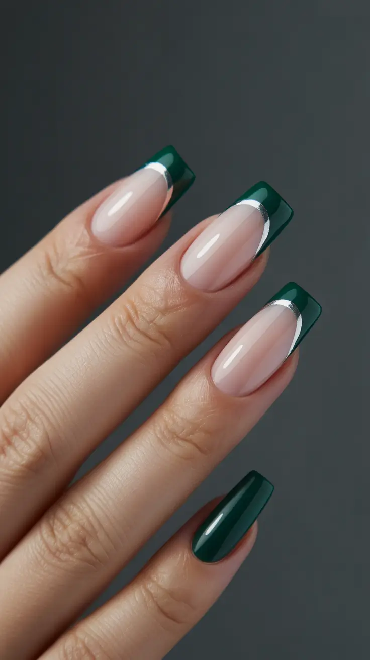 simple christmas nails ideas 2025 Emerald French Elegance
