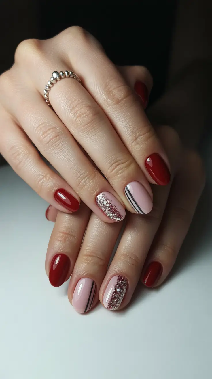simple christmas nails ideas 2025 Red & Rose Harmony