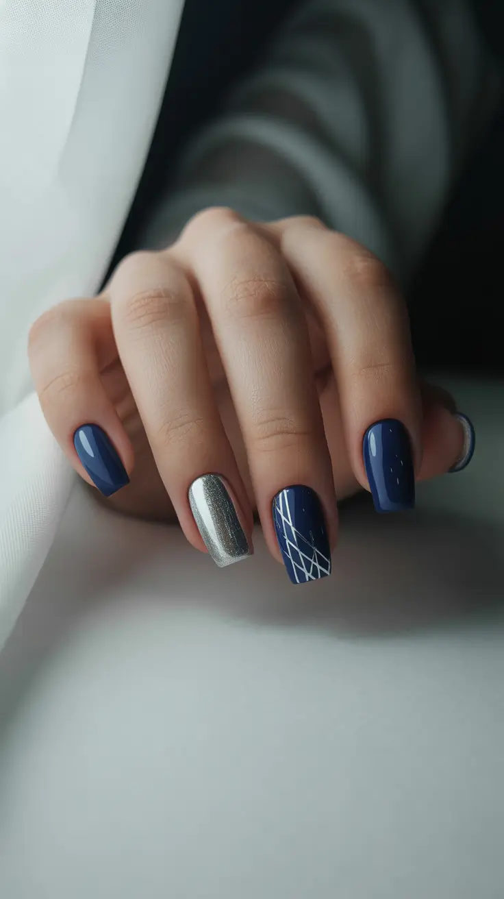 Simple Winter Nails 2025–2026 Silver Lines and Blue Geometry