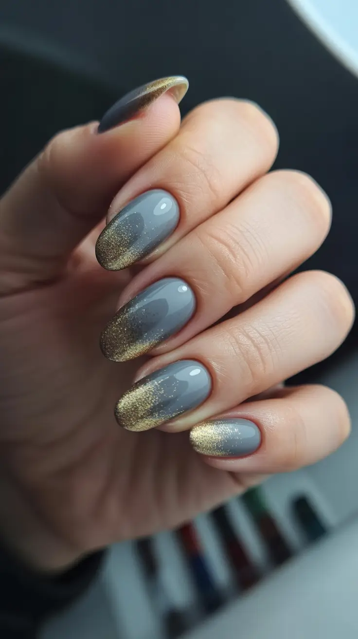 Simple Winter Nails 2025–2026 Smoky Gray and Golden Frost