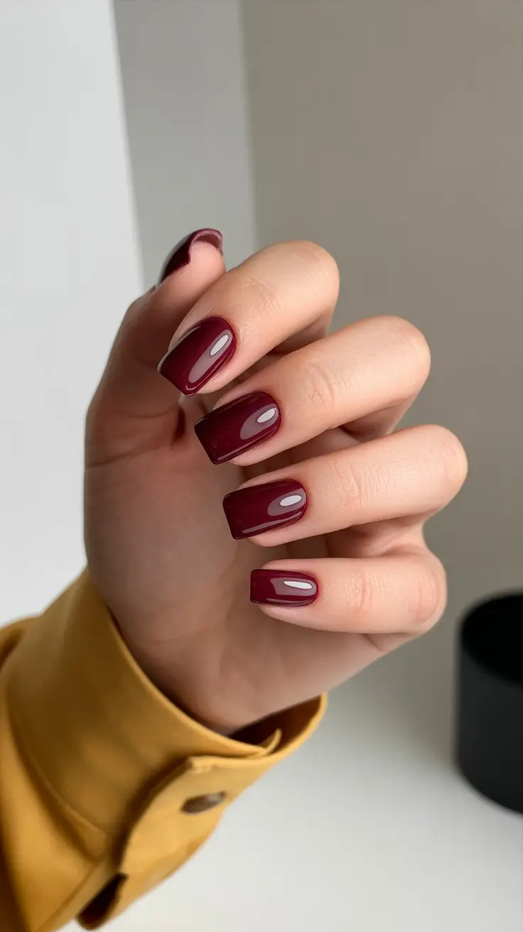 Trendy Short Winter Nail 2025–2026 Glossy Merlot Square
