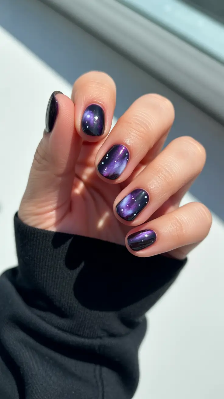 Trendy Short Winter Nail 2025–2026 Galaxy Aurora Shine