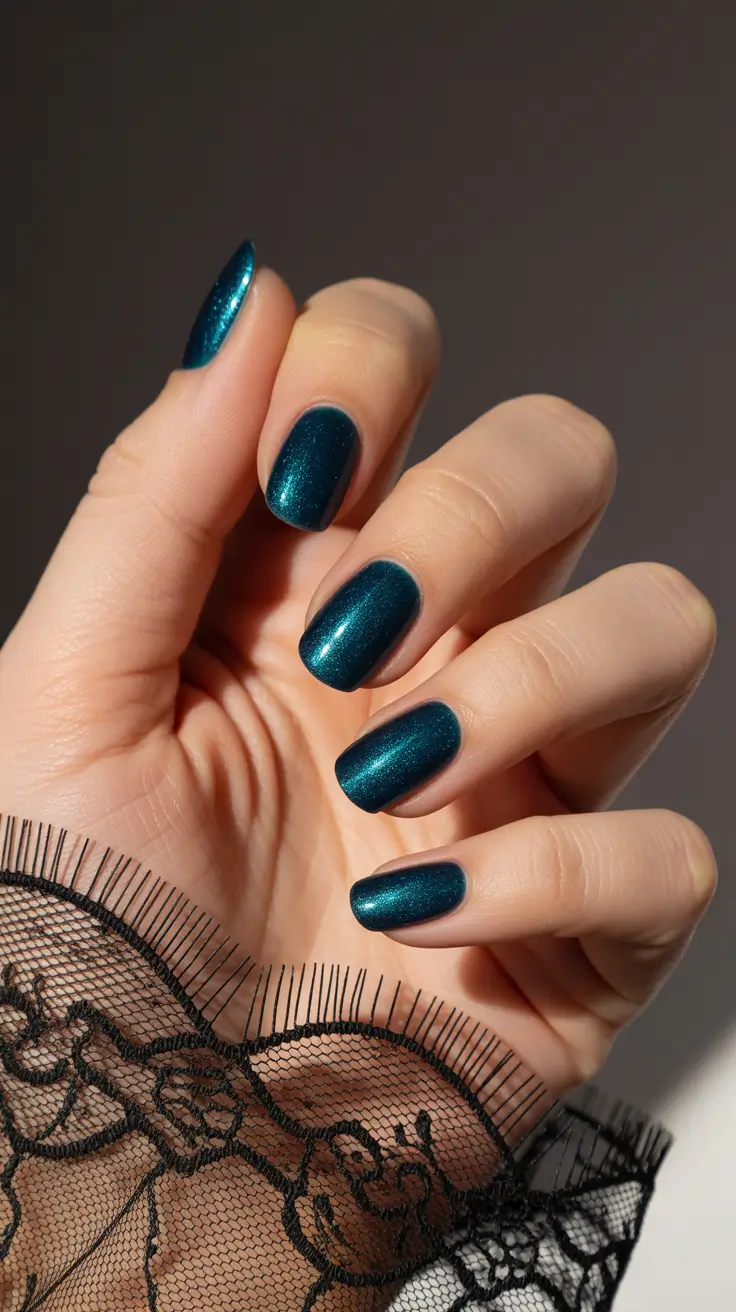 Trendy Short Winter Nail 2025–2026 Midnight Teal Shimmer