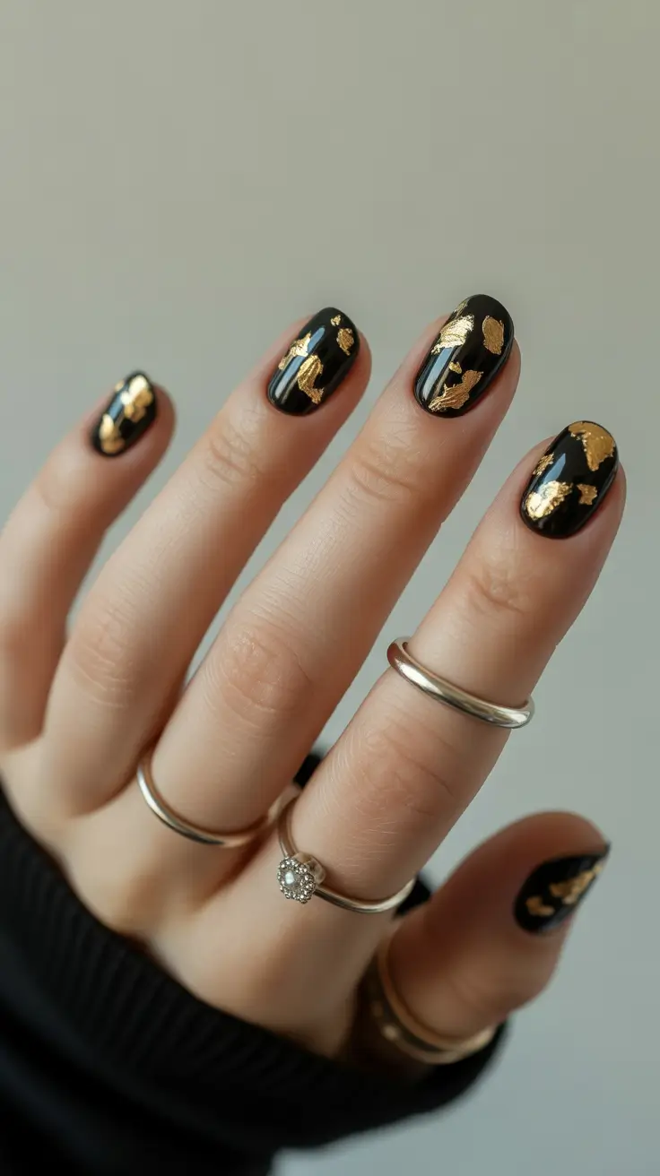 Trendy Short Winter Nail 2025–2026 Black & Gold Luxe