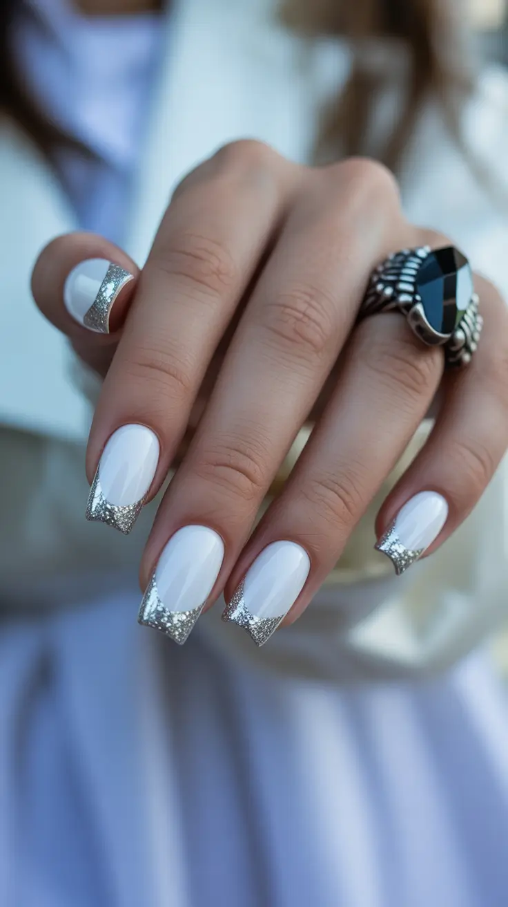 white christmas nails ideas 2025 Frosted Metallic French