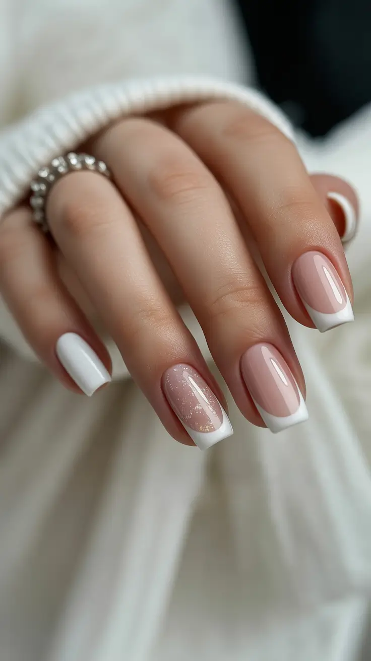 white christmas nails ideas 2025 Classic French Glow