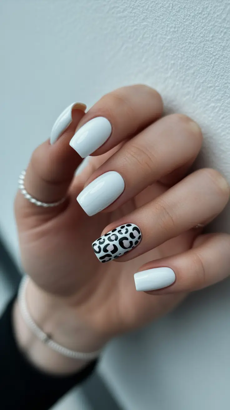 white christmas nails ideas 2025 Monochrome Snow Leopard