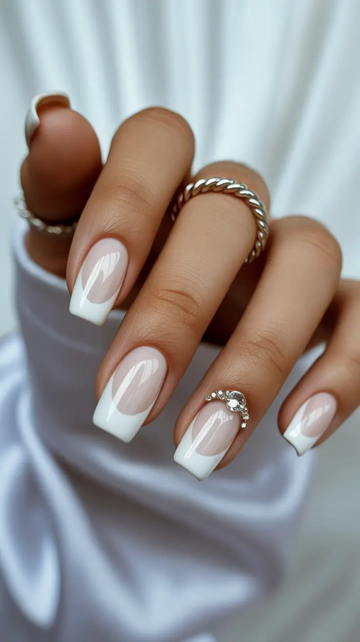 white christmas nails ideas 2025 Crystal French Dream