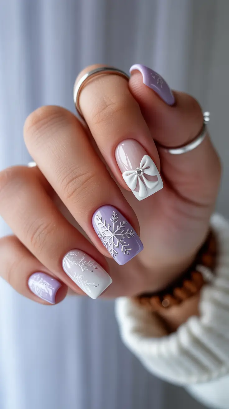 white christmas nails ideas 2025 Lavender Frost & Bows