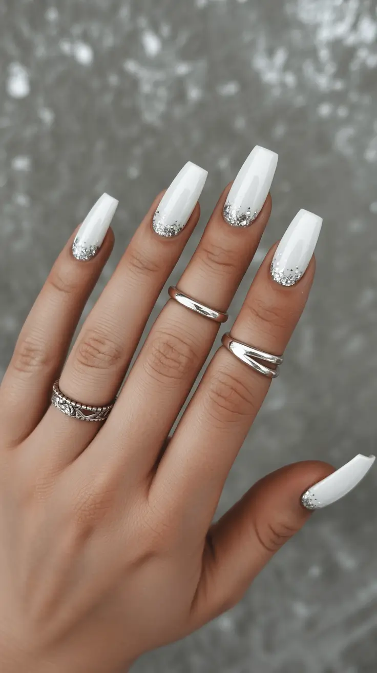 white christmas nails ideas 2025 Silver-Dipped Elegance