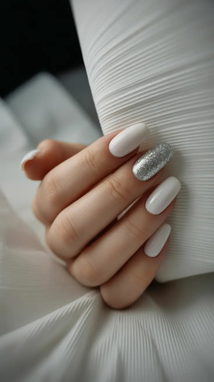white christmas nails ideas 2025 Classic White with Silver Accent