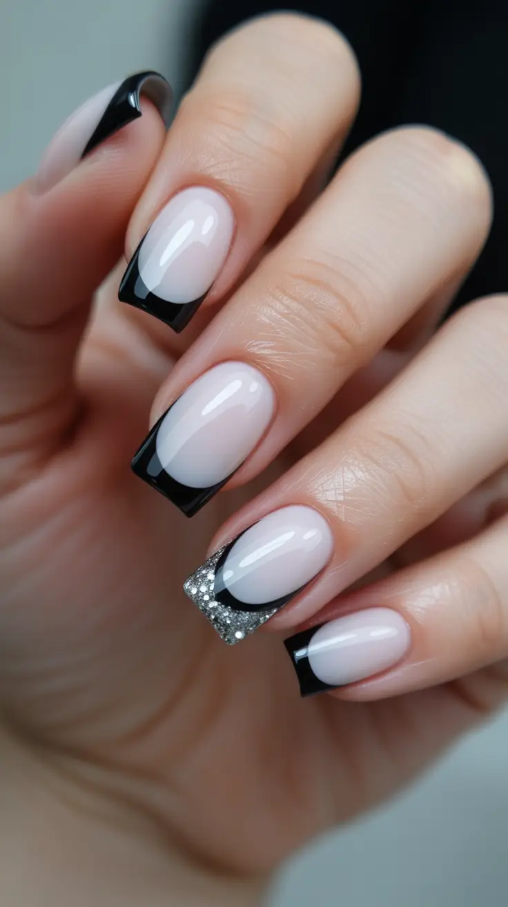 white christmas nails ideas 2025 Black-Tipped Snow Drama