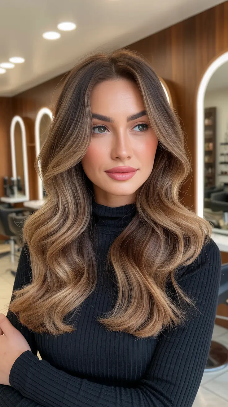 Winter 2025-2026 Haircuts and Color Ideas Soft Waves with Caramel Balayage Glow