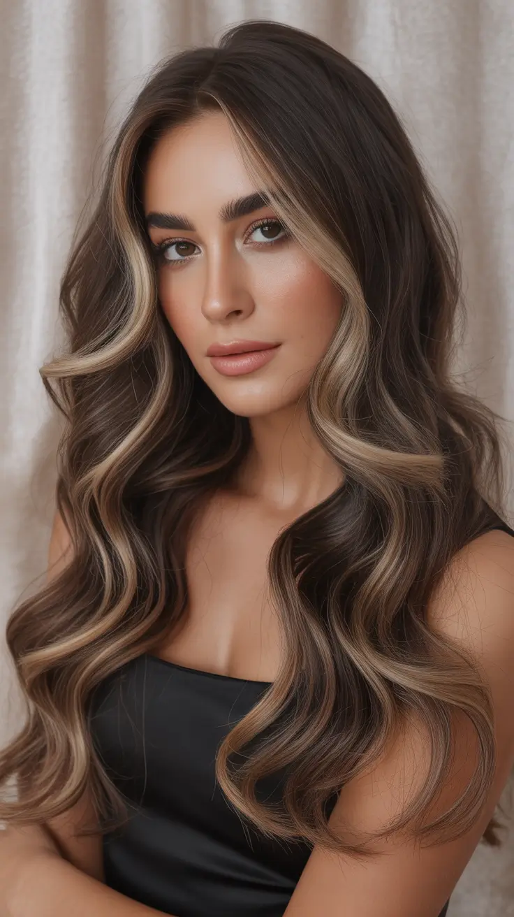 Winter 2025-2026 Haircuts and Color Ideas Layered Mocha Waves with Blonde Contour