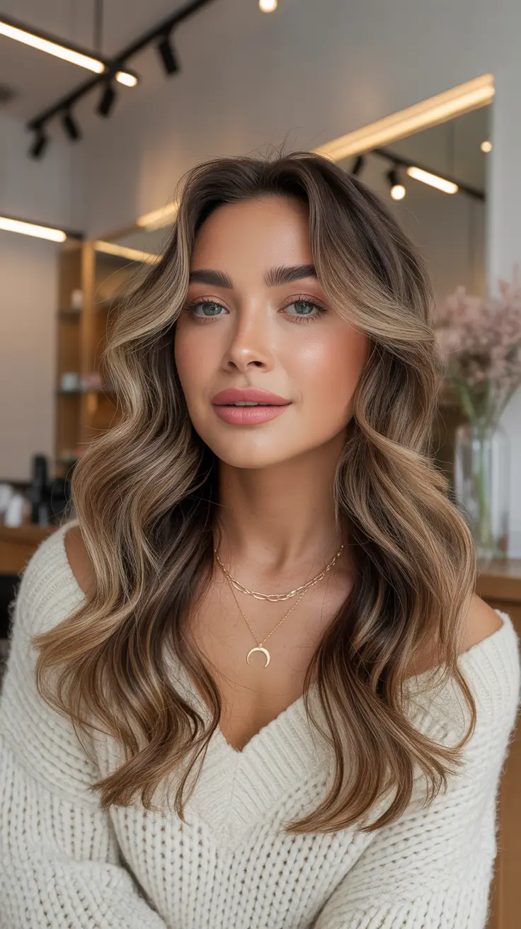 Winter 2025-2026 Haircuts and Color Ideas Milk Chocolate Waves with Curtain Bangs