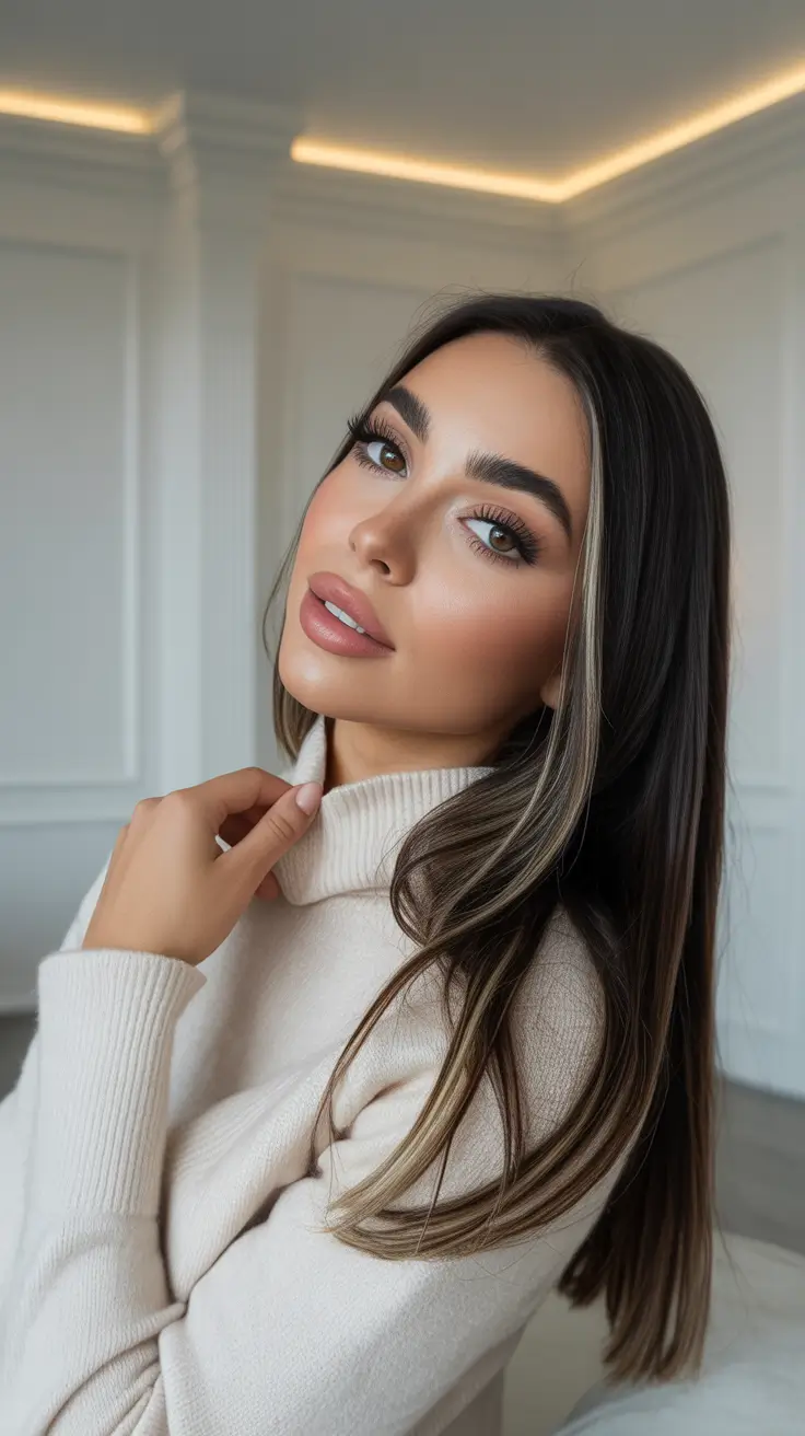 Winter 2025-2026 Haircuts and Color Ideas Glossy Espresso Brunette with Money Piece Highlights