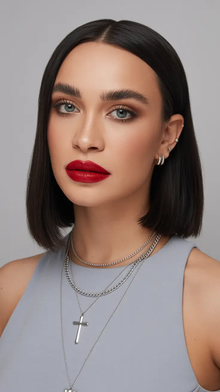 Winter 2025-2026 Haircuts and Color Ideas Sleek Jet Black Short Bob with Sharp Middle Part